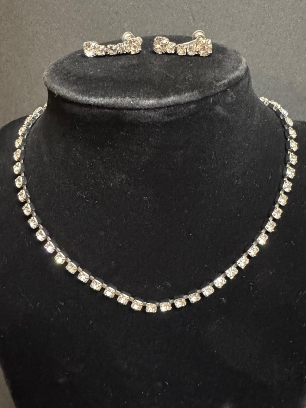 Rhinestone Tennis Necklace and Earring Set- Silver Tone